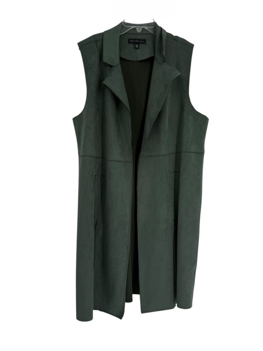 Joan Vass Long Faux Suede Open Front Vest Green Size Large Collared pockets